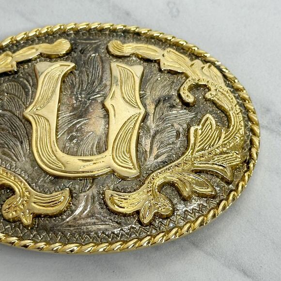 U Initial Western Belt Buckle Gold Silver Tone Ornate Scrollwork Design ✨ - Picture 10 of 14
